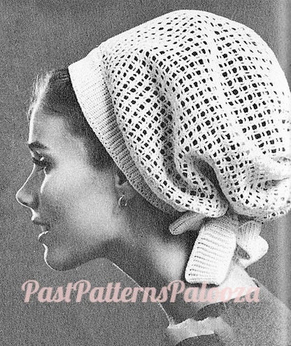 Vintage Crochet Pattern Womens Net Hood Head Scarf Snood Retro Hair Holder Drawstring Tie PDF Instant Digital Download Cotton Thread No. 10