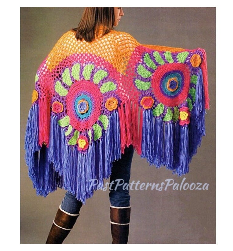 Vintage Crochet Pattern Womens Mod Rose Medallion Shawl PDF Instant Digital Download Boho Hippie Gypsy Flowers Leaves Fringed Wrap 4 Ply