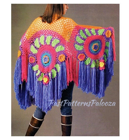 Vintage Crochet Pattern Womens Mod Rose Medallion Shawl PDF Instant Digital Download Boho Hippie Gypsy Flowers Leaves Fringed Wrap 4 Ply