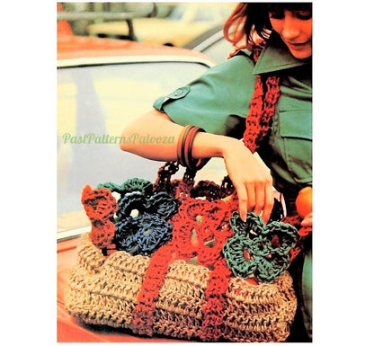 Vintage Crochet Pattern 16" Boho Rosette Flower Basket Shoulder Bag Purse PDF Instant Digital Download Retro Jute Twine Handbag