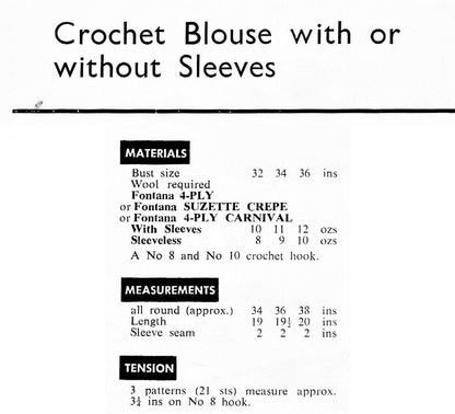 Vintage Crochet Pattern Womens Pretty Summer Blouse Top Short Sleeved or Sleeveless PDF Instant Digital Download Quick Easy 4 Ply