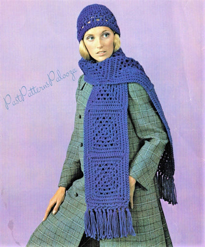 Vintage Crochet Pattern Womens Granny Square Scarf and Hat Sets Boho Chic PDF Instant Digital Download One Size 12 Ply