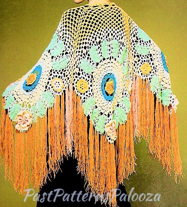Vintage Crochet Pattern Womens Mod Rose Medallion Shawl PDF Instant Digital Download Boho Hippie Gypsy Flowers Leaves Fringed Wrap 4 Ply