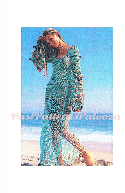 Vintage Crochet Pattern Beach Cover Up Tunic Maxi Dress PDF Instant Digital Download 70s Boho Bohemian Lace Mesh Sea Goddess Seashells