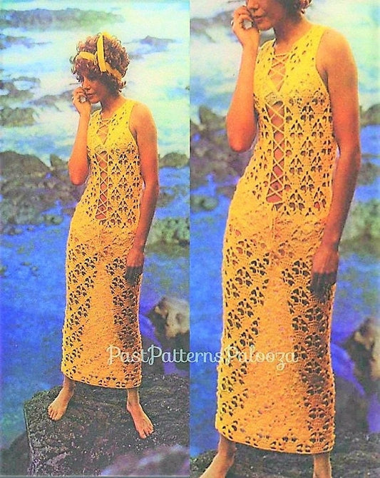 Vintage Crochet Pattern Womens Lace Maxi Dress Beach Bikini Cover Up PDF Instant Digital Download Retro Boho Hippie Chic 4 Ply