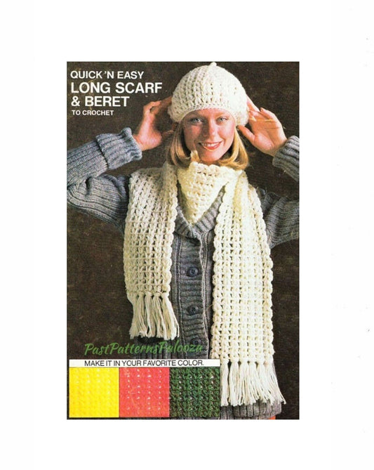 Vintage Crochet Pattern Womens Classic Simple Long Scarf and Beret Hat Set PDF Shell Stitch Chains Instant Digital Download 8 10 Ply