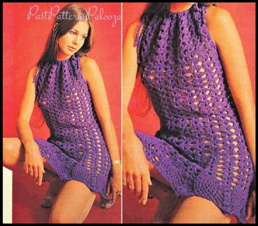 Vintage Crochet Pattern Womens Pretty Shell Stitch Halter Neck Dress PDF Instant Digital Download Mini or Maxi Dress Boho Chic 8 Ply