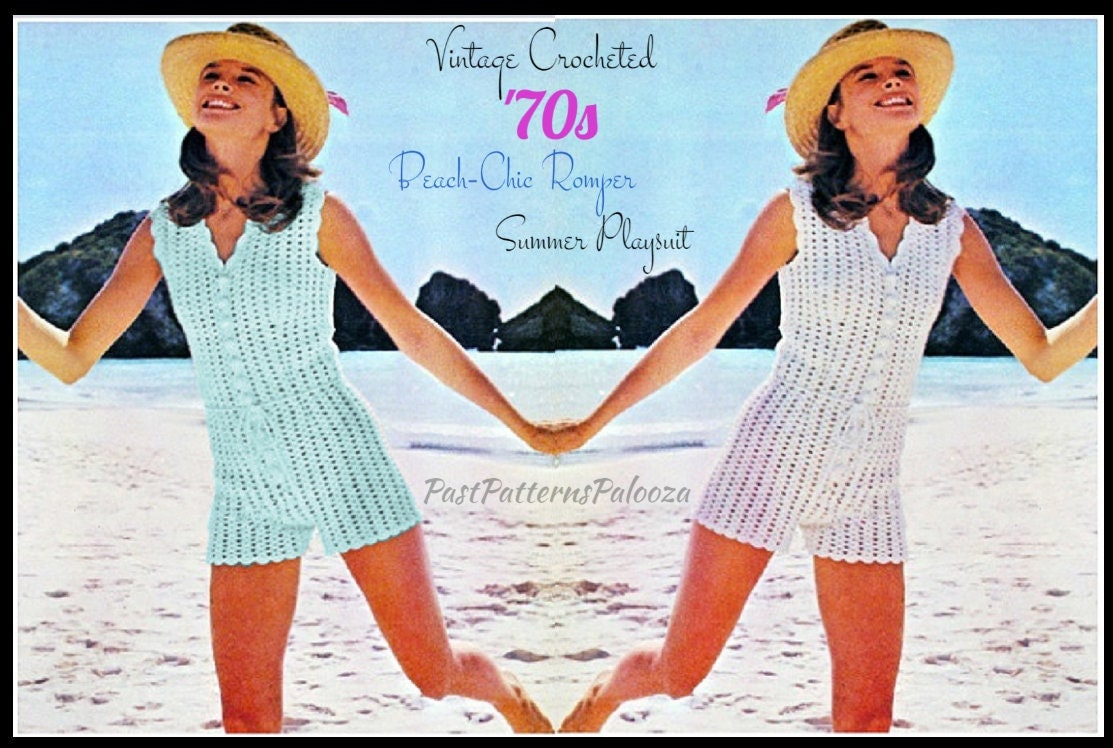 Vintage Crochet Pattern Womens Lacy 70s Beach Romper Short Playsuit Summer Jumpsuit PDF Instant Digital Download Bohemian Boho Hippie Chic