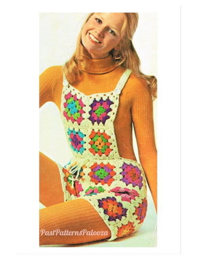 Vintage Crochet Pattern Granny Squares Shortalls Overalls PDF Instant Digital Download Retro 70s Boho Bib Shorts Groovy Hippie Wear