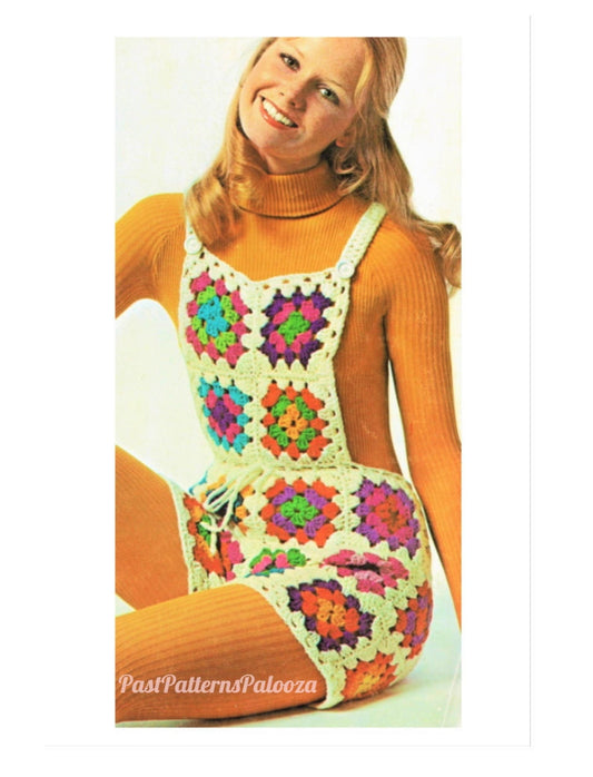 Vintage Crochet Pattern Granny Squares Shortalls Overalls PDF Instant Digital Download Retro 70s Boho Bib Shorts Groovy Hippie Wear