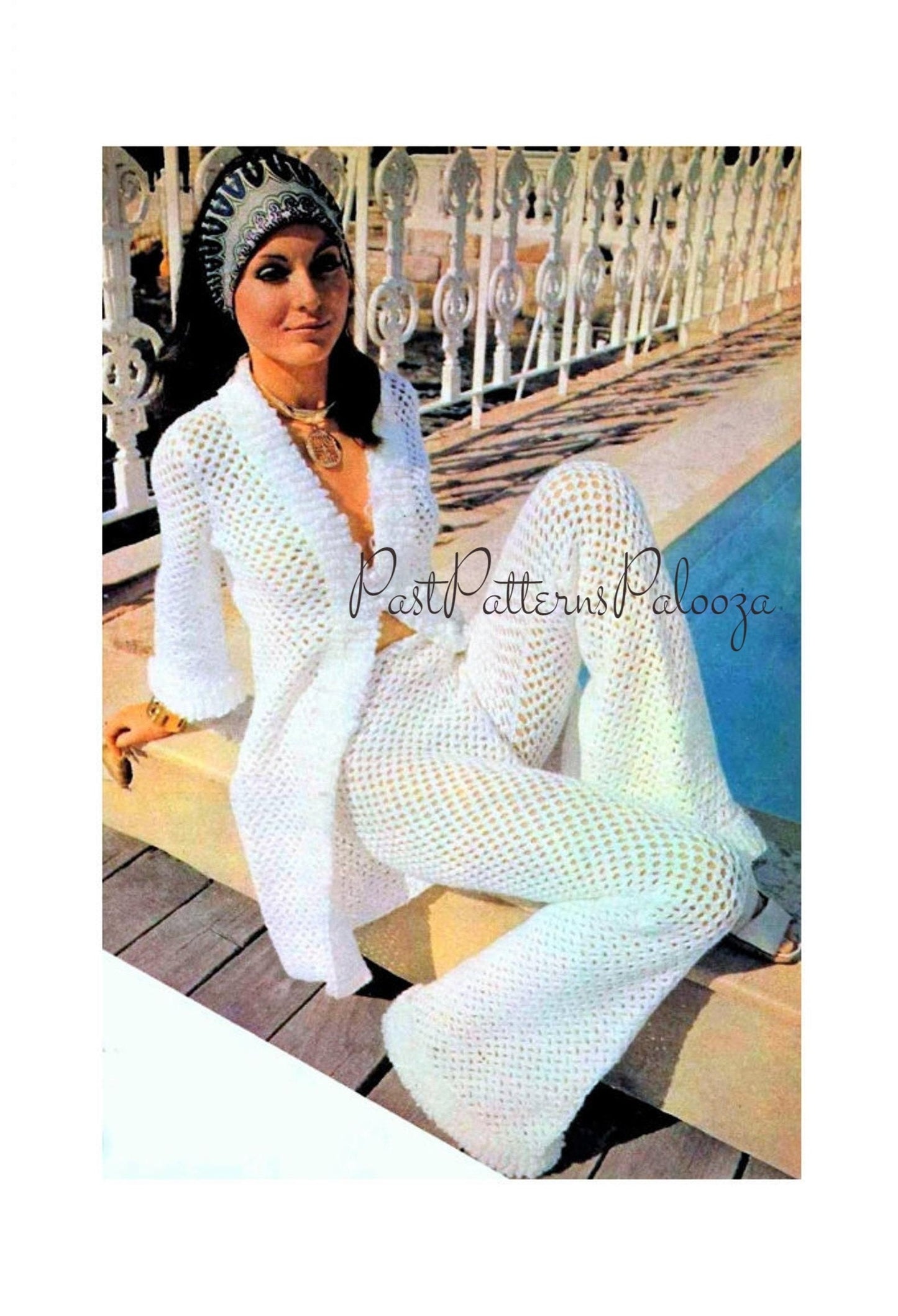 Vintage Crochet Pattern Lace Trouser Suit Patio Set Pantsuit Outfit PDF Instant Digital Download 70s Boho Maxi Jacket Flared Pants Bohemian