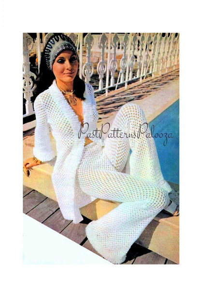Vintage Crochet Pattern Lace Trouser Suit Patio Set Pantsuit Outfit PDF Instant Digital Download 70s Boho Maxi Jacket Flared Pants Bohemian