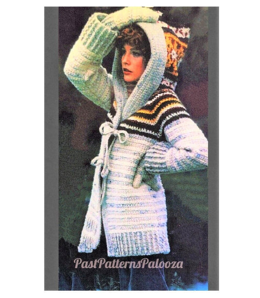 Vintage Crochet Pattern Womens Hooded Sweater Coat & Mittens Set PDF Instant Digital Download Retro Boho 1970s Chunky 12 Ply