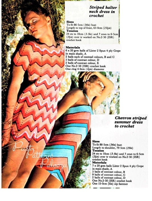 Vintage Crochet Pattern Womens Chevron and Striped Summer Halter Dress PDF Instant Digital Download Two Boho Design 4 Ply