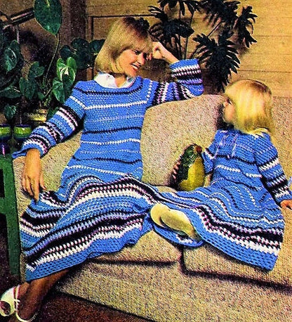 Vintage Crochet Pattern Womens Girls Striped Long Maxi Dress PDF Instant Digital Download Retro Mod Boho Hippie Chic 1977 5 Ply