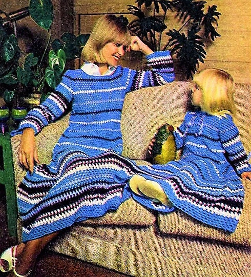 Vintage Crochet Pattern Womens Girls Striped Long Maxi Dress PDF Instant Digital Download Retro Mod Boho Hippie Chic 1977 5 Ply