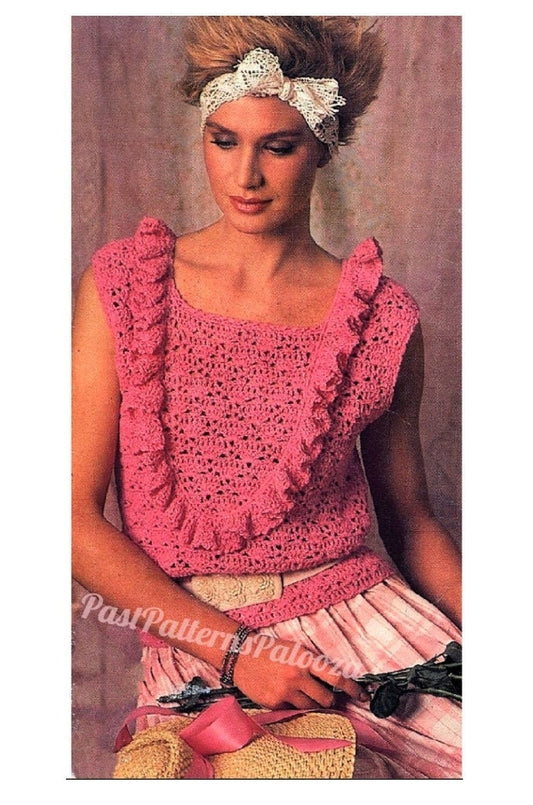 Vintage Crochet Pattern Womens Scoop Ruffle Sweater Shell Top PDF Instant Digital Download Feminine Romantic Tank DK