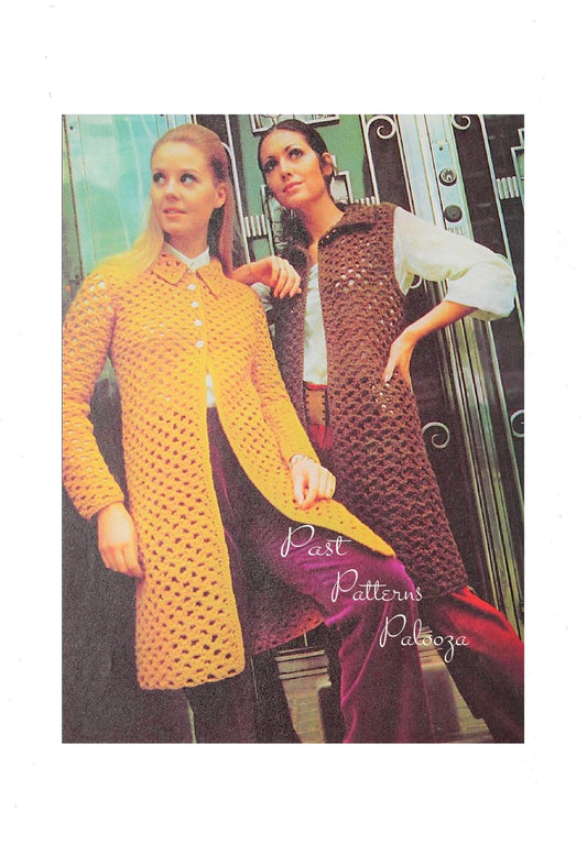 Vintage Crochet Pattern Womens Maxi Coat and Maxi Vest Long Lace Waistcoat PDF Instant Digital Download Groovy Mod Boho Retro Wear 10 Ply