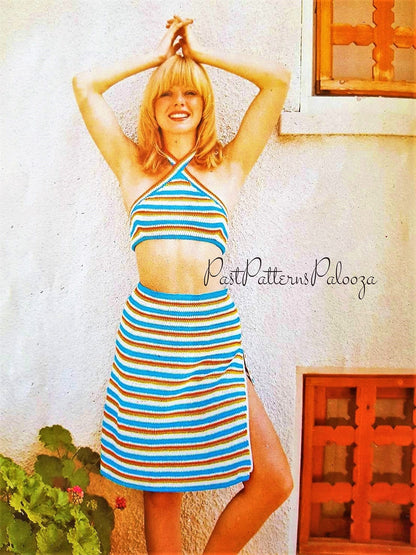 Vintage Crochet Pattern Striped Halter Top Zipper Skirt Boho Beach Set PDF Instant Digital Download Sun Crop Top Beachwear Cotton Thread