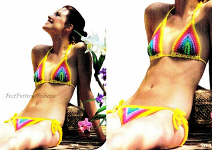 Vintage Crochet Pattern Rainbow String Bikini 2 Piece Pride Swimsuit Rainbowkini Instant Digital Download '70s Boho Bathing Suit 10 Ply