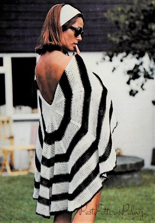 Vintage Crochet Pattern Womens Dramatic Stripes Circular Shawl Open Back PDF Instant Digital Download Retro Boho Wrap Picot Edging 4 Ply