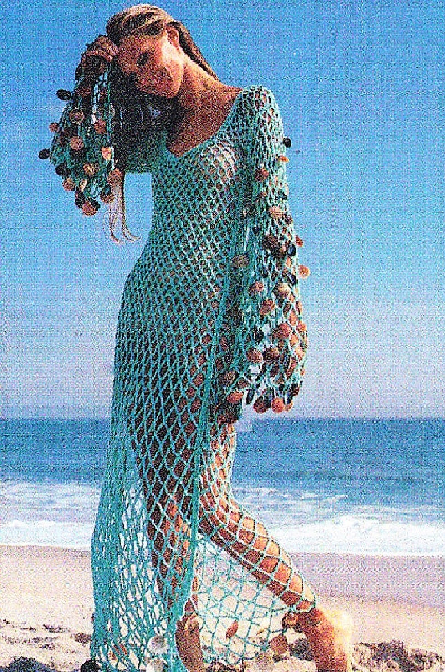 Vintage Crochet Pattern Beach Cover Up Tunic Maxi Dress PDF Instant Digital Download 70s Boho Bohemian Lace Mesh Sea Goddess Seashells