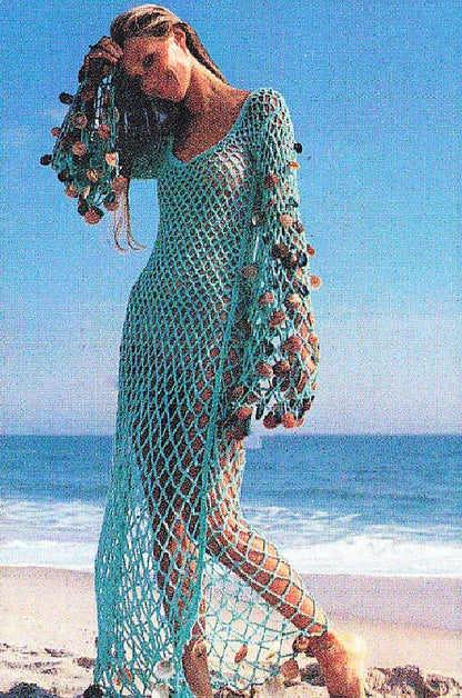 Vintage Crochet Pattern Beach Cover Up Tunic Maxi Dress PDF Instant Digital Download 70s Boho Bohemian Lace Mesh Sea Goddess Seashells