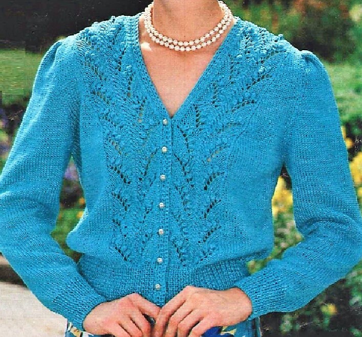 Vintage Knitting Pattern Womens Lacy Feather & Fan V Neck Cardigan Sweater PDF Instant Digital Download Ladies DK 8 Ply Jumper M L XL