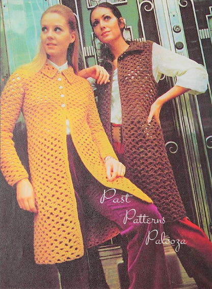Vintage Crochet Pattern Womens Maxi Coat and Maxi Vest Long Lace Waistcoat PDF Instant Digital Download Groovy Mod Boho Retro Wear 10 Ply