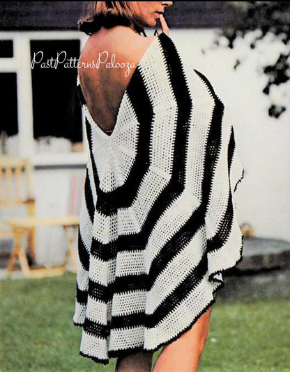 Vintage Crochet Pattern Womens Dramatic Stripes Circular Shawl Open Back PDF Instant Digital Download Retro Boho Wrap Picot Edging 4 Ply