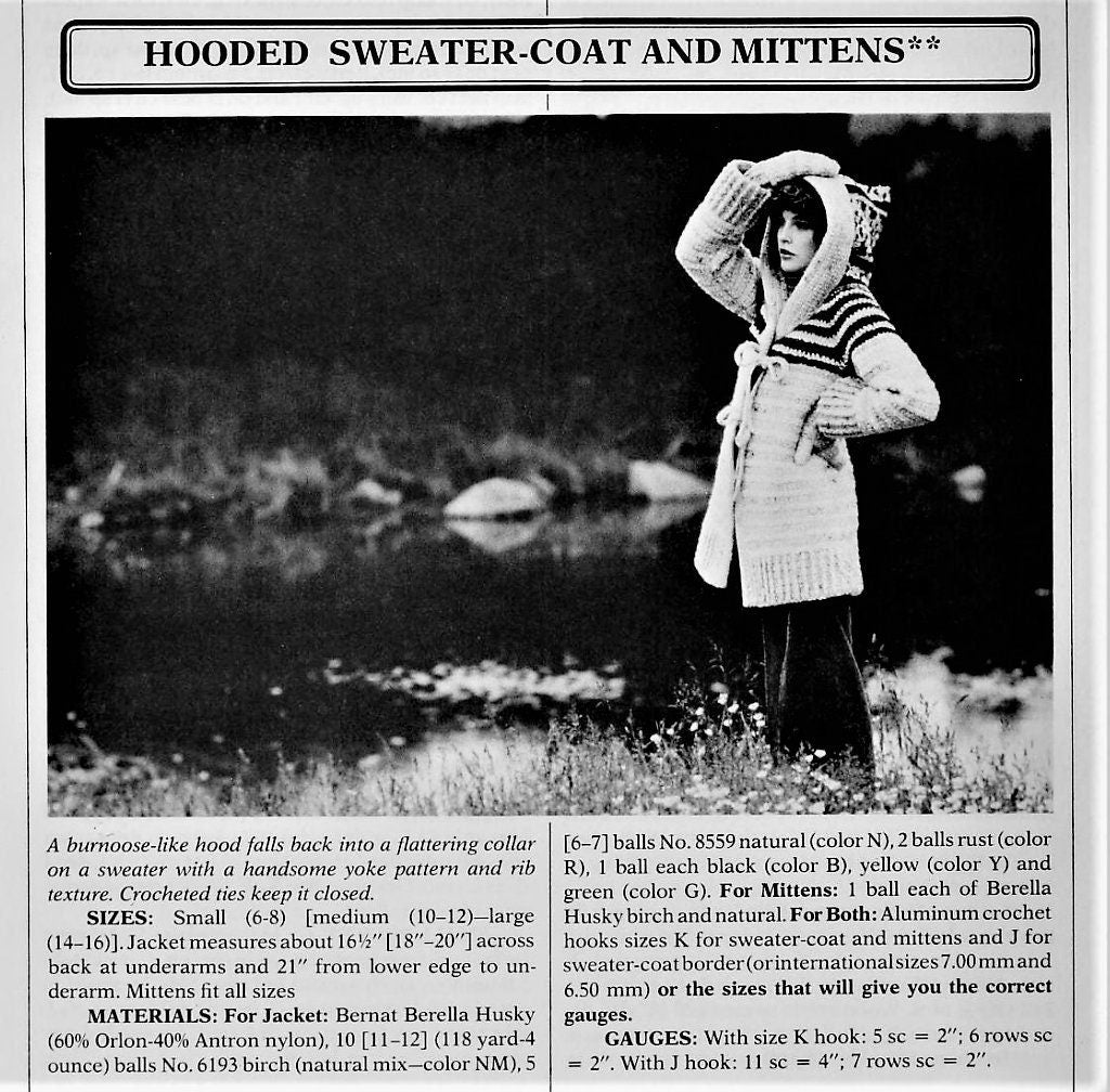 Vintage Crochet Pattern Womens Hooded Sweater Coat & Mittens Set PDF Instant Digital Download Retro Boho 1970s Chunky 12 Ply