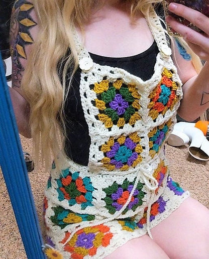 Vintage Crochet Pattern Granny Squares Shortalls Overalls PDF Instant Digital Download Retro 70s Boho Bib Shorts Groovy Hippie Wear