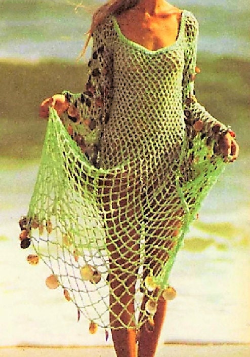 Vintage Crochet Pattern Beach Cover Up Tunic Maxi Dress PDF Instant Digital Download 70s Boho Bohemian Lace Mesh Sea Goddess Seashells