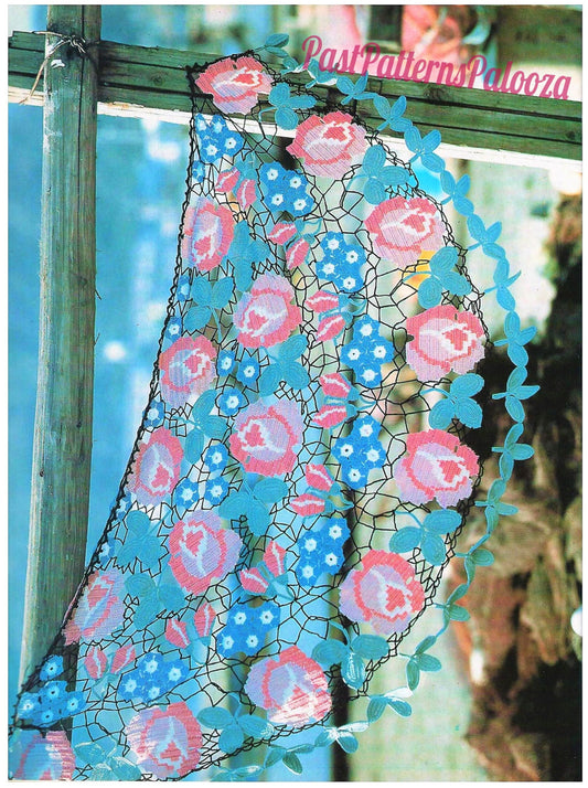 Vintage Crochet Pattern Womens Lace Rose Shawl Garden Art Flowers PDF Instant Digital Download Boho Bohemian Chic