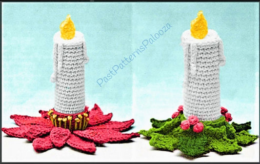Vintage Crochet Pattern Christmas Candles with Poinsettia and Holly Candleholders PDF Instant Digital Download Candlestick Amigurumi 4 Ply