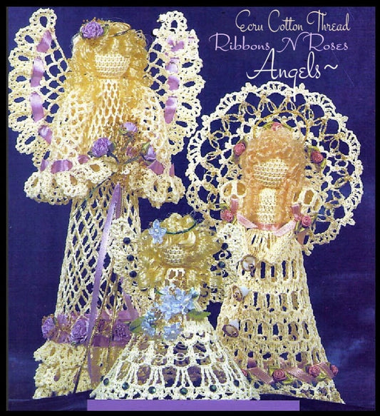 Vintage Crochet Patterns Ecru Cotton Thread Lace Christmas Angel Ornaments Ribbons n Roses PDF Instant Digital Download Centerpiece Decor