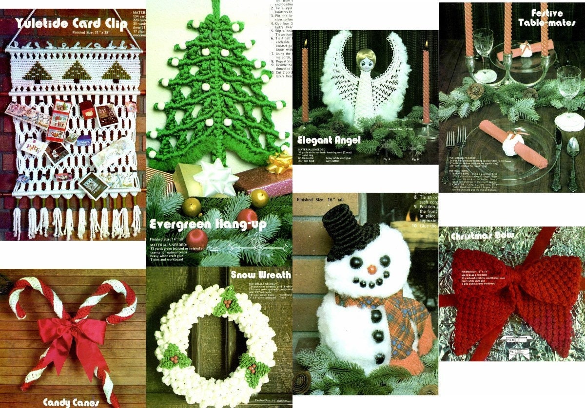 Vintage Christmas Macrame Patterns Deck The Halls Book PDF Instant Download 1970s Retro Boho Holiday Wreath Angel Snowman Candy Canes Bows