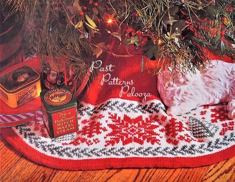Vintage Knitting Pattern 46" Nordic Christmas Tree Skirt Snowflakes & Trees PDF Instant Digital Download Scandinavian Fair Isle 10 Ply