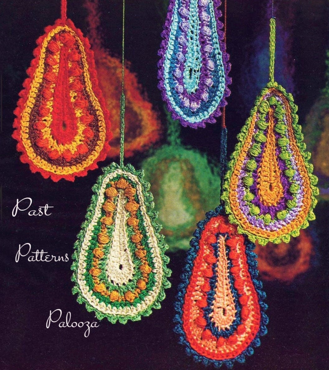 Vintage Crochet Pattern 5" Paisley Pear Drop Christmas Ornaments Jewel Tones PDF Instant Digital Download Retro Groovy Mod Tree Trim