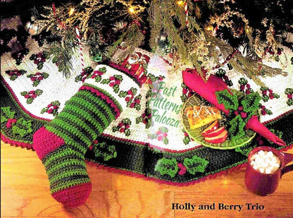 Vintage Crochet Pattern Holly Berries Christmas Stocking Tree Skirt & Napkin Ring Holder Mistletoe Set PDF Instant Digital Download 4 Ply