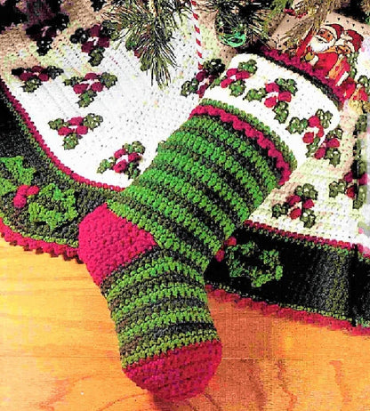 Vintage Crochet Pattern Holly Berries Christmas Stocking Tree Skirt & Napkin Ring Holder Mistletoe Set PDF Instant Digital Download 4 Ply