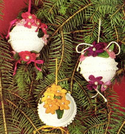 Vintage Crochet Pattern Flower Floral Christmas Tree Ball Ornament Covers Slipcovers PDF Instant Digital Download 6 Designs