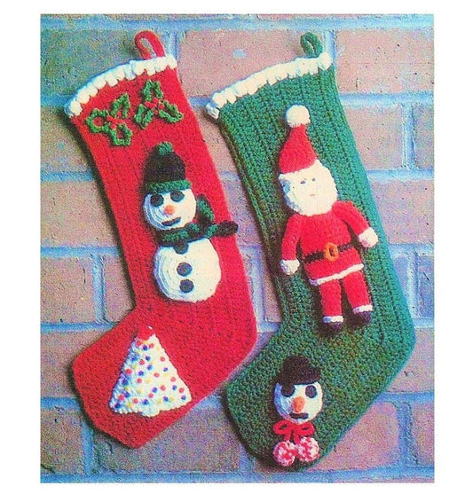 Vintage Crochet Pattern Christmas Stockings Santa and Snowman Popcorn Stitch PDF Instant Digital Download Quick Easy 10 Ply