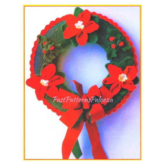 Vintage Crochet Pattern 24" Pretty Poinsettia Holly Berries Christmas Wreath PDF Instant Digital Download Holiday Door Wall Hanging 4 Ply