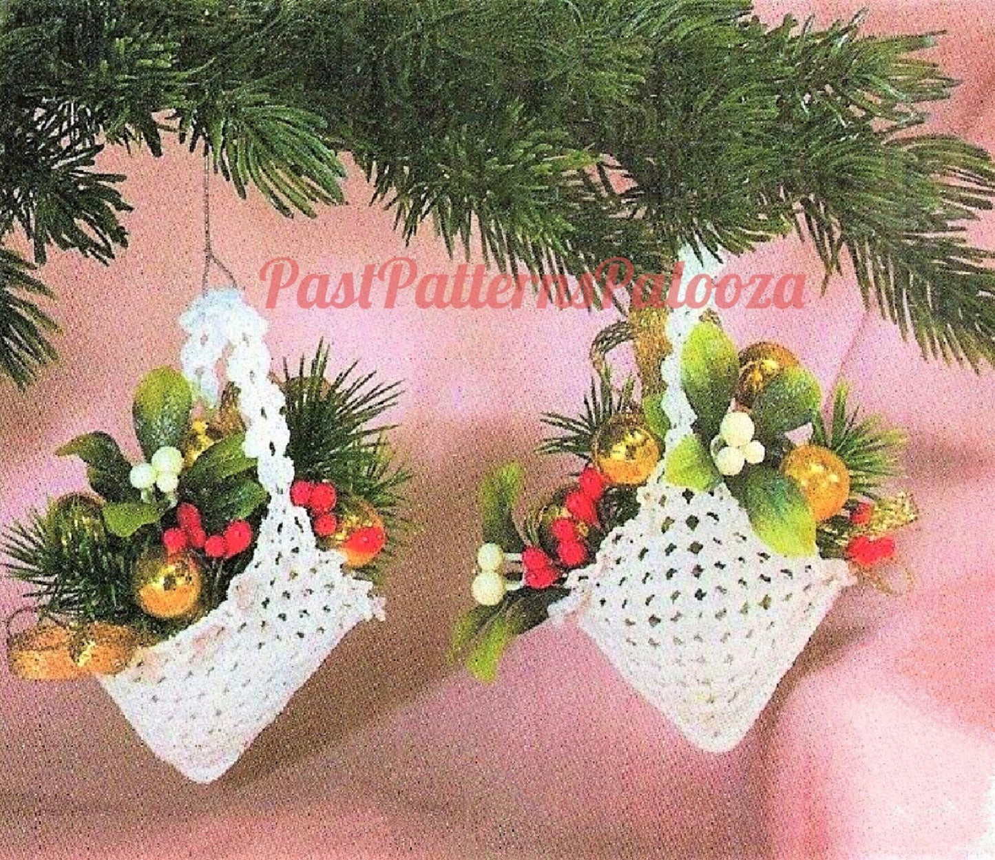 Vintage Thread Crochet Pattern 4" Lacy White Christmas Tree Basket Ornaments Granny Square Design PDF Instant Digital Download