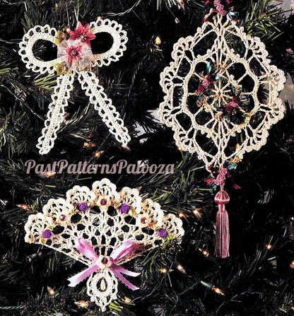 Vintage Crochet Thread Pattern 3 Beautiful Victorian Keepsake Lace Christmas Tree Ornaments Bow Fan Suncatcher PDF Instant Digital Download