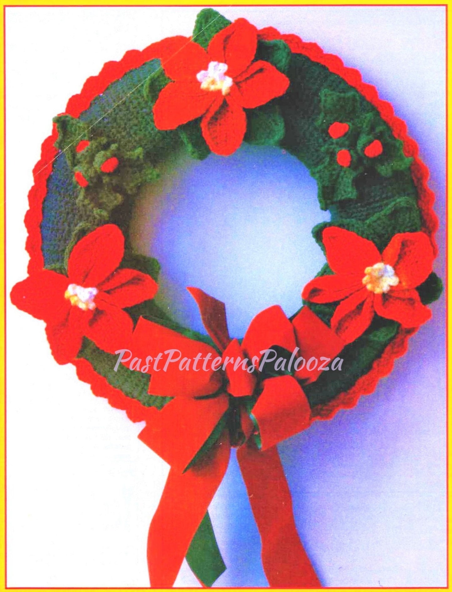 Vintage Crochet Pattern 24" Pretty Poinsettia Holly Berries Christmas Wreath PDF Instant Digital Download Holiday Door Wall Hanging 4 Ply