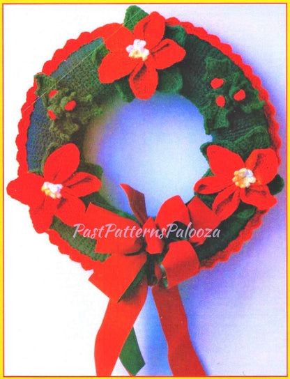 Vintage Crochet Pattern 24" Pretty Poinsettia Holly Berries Christmas Wreath PDF Instant Digital Download Holiday Door Wall Hanging 4 Ply