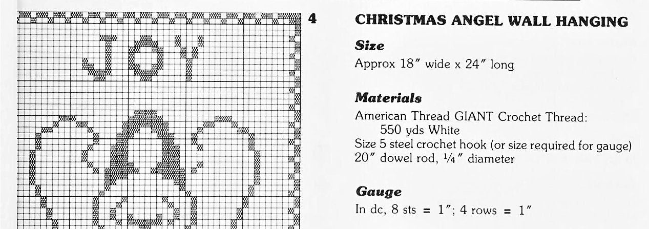 Vintage Filet Crochet Pattern Christmas Joy Angel Panel or Wall Hanging PDF Instant Digital Download Heirloom Holiday Project 18x24"