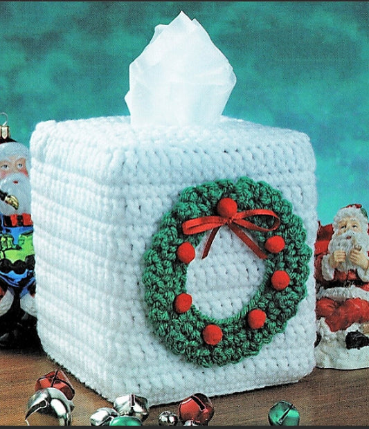 Vintage Crochet Pattern Christmas Wreath Tissue Box Cover Topper PDF Instant Digital Download  Holiday Holder 10 Ply